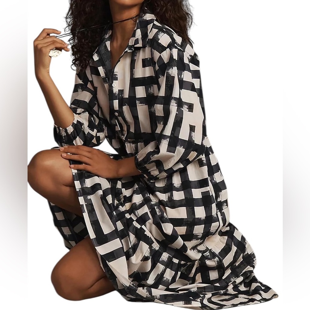 Dsewpaur/Boho/ 3/4 Puff Sleeve/Button Down Tiered/Maxi Shirt Dress/Size: Large - Picture 5 of 13